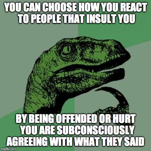 Philosoraptor Meme | YOU CAN CHOOSE HOW YOU REACT TO PEOPLE THAT INSULT YOU; BY BEING OFFENDED OR HURT  YOU ARE SUBCONSCIOUSLY AGREEING WITH WHAT THEY SAID | image tagged in memes,philosoraptor | made w/ Imgflip meme maker