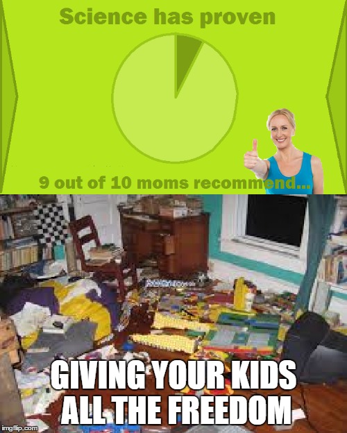 I keep asking the wrong moms... | GIVING YOUR KIDS ALL THE FREEDOM | image tagged in 9 out of 10 moms recommend,mess,kids,freedom,give,room | made w/ Imgflip meme maker