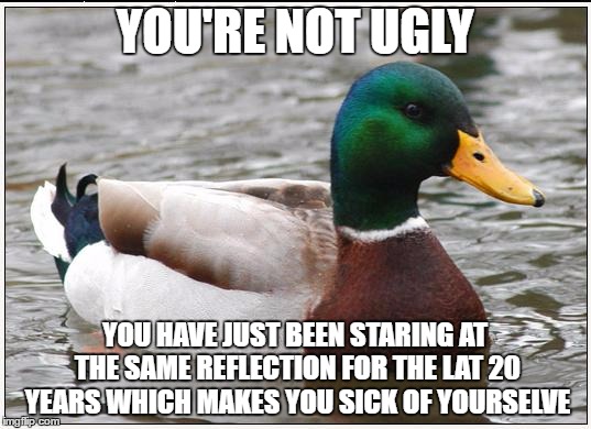 Actual Advice Mallard Meme | YOU'RE NOT UGLY; YOU HAVE JUST BEEN STARING AT THE SAME REFLECTION FOR THE LAT 20 YEARS WHICH MAKES YOU SICK OF YOURSELVE | image tagged in memes,actual advice mallard | made w/ Imgflip meme maker