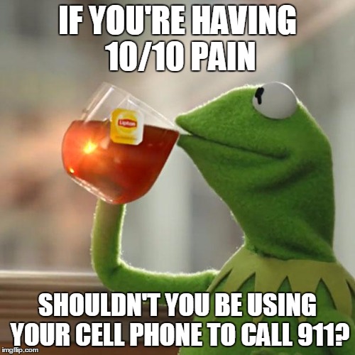 But That's None Of My Business | IF YOU'RE HAVING 10/10 PAIN; SHOULDN'T YOU BE USING YOUR CELL PHONE TO CALL 911? | image tagged in memes,but thats none of my business,kermit the frog | made w/ Imgflip meme maker