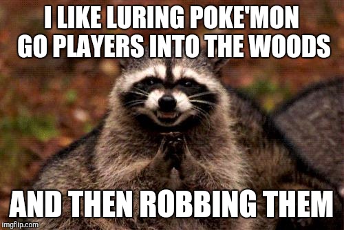 Evil Plotting Raccoon Meme | I LIKE LURING POKE'MON GO PLAYERS INTO THE WOODS; AND THEN ROBBING THEM | image tagged in memes,evil plotting raccoon | made w/ Imgflip meme maker