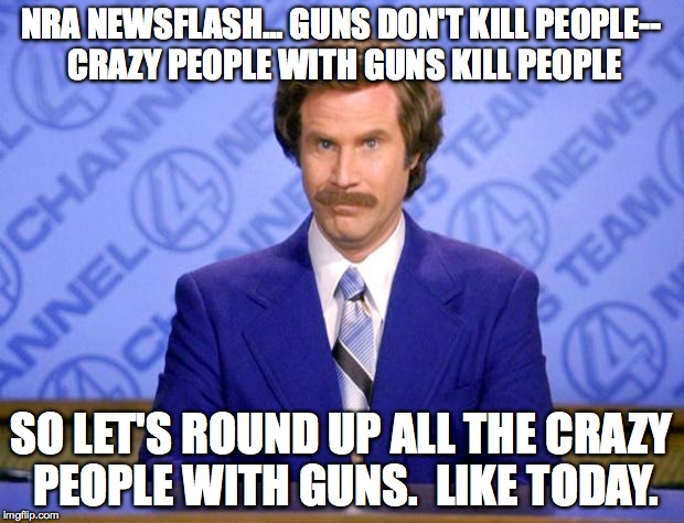 All we have left...  | NRA NEWSFLASH... GUNS DON'T KILL PEOPLE-- CRAZY PEOPLE WITH GUNS KILL PEOPLE; SO LET'S ROUND UP ALL THE CRAZY PEOPLE WITH GUNS.  LIKE TODAY. | image tagged in this just in,gun control,nra,ron burgundy | made w/ Imgflip meme maker