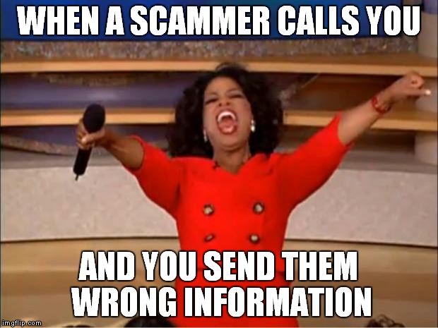 Oprah You Get A | WHEN A SCAMMER CALLS YOU; AND YOU SEND THEM WRONG INFORMATION | image tagged in memes,oprah you get a | made w/ Imgflip meme maker