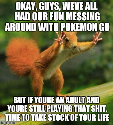 funny sqirrel | OKAY, GUYS, WEVE ALL HAD OUR FUN MESSING AROUND WITH POKEMON GO; BUT IF YOURE AN ADULT AND YOURE STILL PLAYING THAT SHIT, TIME TO TAKE STOCK OF YOUR LIFE | image tagged in funny sqirrel,pokemon | made w/ Imgflip meme maker