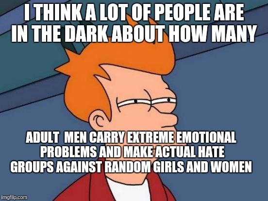 Futurama Fry | I THINK A LOT OF PEOPLE ARE IN THE DARK ABOUT HOW MANY; ADULT 
MEN CARRY EXTREME EMOTIONAL PROBLEMS AND MAKE ACTUAL HATE GROUPS AGAINST RANDOM GIRLS AND WOMEN | image tagged in memes,futurama fry | made w/ Imgflip meme maker