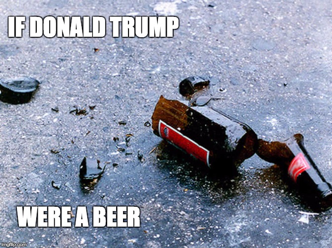 If Donald Trump were a beer. | IF DONALD TRUMP; WERE A BEER | image tagged in trump,beer,broken bottle | made w/ Imgflip meme maker