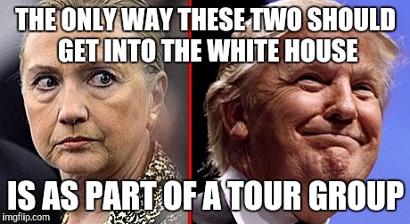 And maybe not then. | THE ONLY WAY THESE TWO SHOULD GET INTO THE WHITE HOUSE; IS AS PART OF A TOUR GROUP | image tagged in trump hillary,donald trump,hillary clinton | made w/ Imgflip meme maker