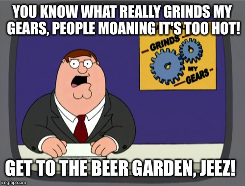 Peter Griffin News Meme | YOU KNOW WHAT REALLY GRINDS MY GEARS, PEOPLE MOANING IT'S TOO HOT! GET TO THE BEER GARDEN, JEEZ! | image tagged in memes,peter griffin news | made w/ Imgflip meme maker