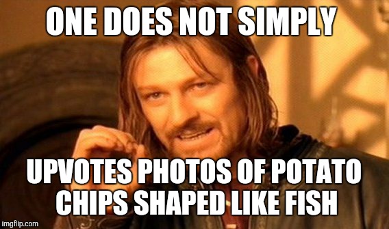 I uploaded a photo like that on Saturday, and nobody would upvote it! >:( | ONE DOES NOT SIMPLY; UPVOTES PHOTOS OF POTATO CHIPS SHAPED LIKE FISH | image tagged in memes,one does not simply,photos,potato chips,upvotes | made w/ Imgflip meme maker