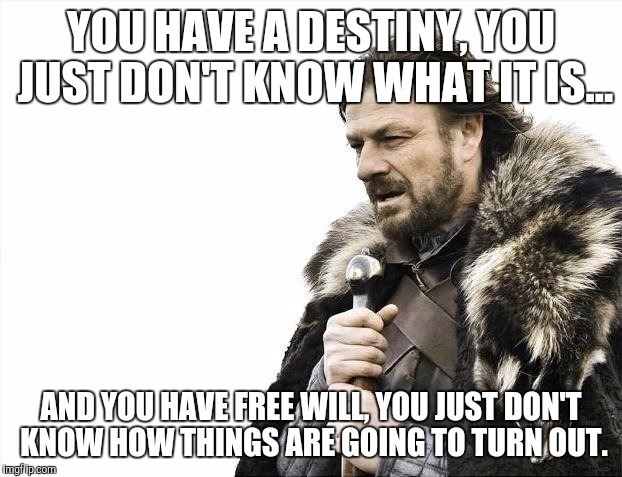 Brace Yourselves X is Coming Meme | YOU HAVE A DESTINY, YOU JUST DON'T KNOW WHAT IT IS... AND YOU HAVE FREE WILL, YOU JUST DON'T KNOW HOW THINGS ARE GOING TO TURN OUT. | image tagged in memes,brace yourselves x is coming | made w/ Imgflip meme maker
