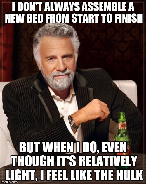 Hulk Build! Hulk Sleep! | I DON'T ALWAYS ASSEMBLE A NEW BED FROM START TO FINISH; BUT WHEN I DO, EVEN THOUGH IT'S RELATIVELY LIGHT, I FEEL LIKE THE HULK | image tagged in memes,the most interesting man in the world,hulk,avengers,funny,gangsta | made w/ Imgflip meme maker