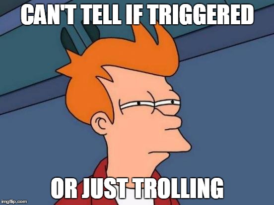 Futurama Fry Meme | CAN'T TELL IF TRIGGERED; OR JUST TROLLING | image tagged in memes,futurama fry,triggered,welcome to the internets,internet trolls | made w/ Imgflip meme maker