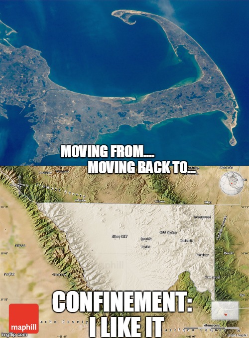 Confinement; moving from an island surrounded by water to a county land-locked by the Rocky Mountains | MOVING FROM....                         
MOVING BACK TO... CONFINEMENT: 
I LIKE IT | image tagged in funny meme,confinement,landlocked,island,moving | made w/ Imgflip meme maker