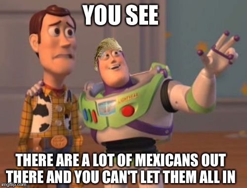 Buzz Trump | YOU SEE; THERE ARE A LOT OF MEXICANS OUT THERE AND YOU CAN'T LET THEM ALL IN | image tagged in memes,x x everywhere,donald trumph hair | made w/ Imgflip meme maker