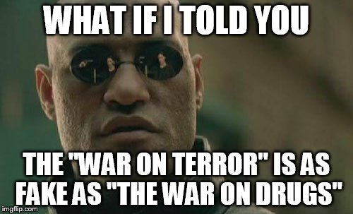 Matrix Morpheus Meme | WHAT IF I TOLD YOU; THE "WAR ON TERROR" IS AS FAKE AS "THE WAR ON DRUGS" | image tagged in memes,matrix morpheus | made w/ Imgflip meme maker