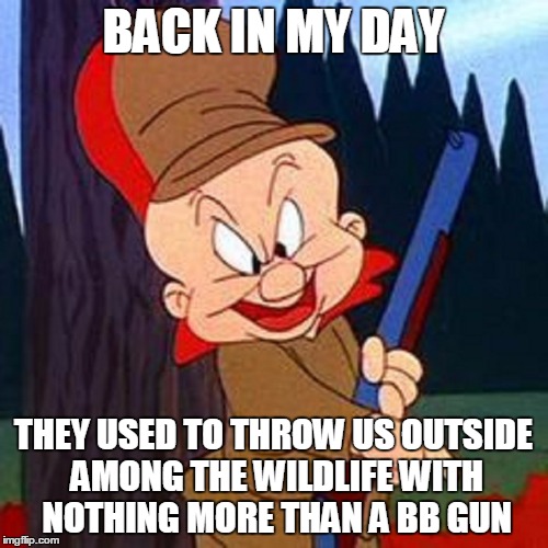 BACK IN MY DAY THEY USED TO THROW US OUTSIDE AMONG THE WILDLIFE WITH NOTHING MORE THAN A BB GUN | made w/ Imgflip meme maker