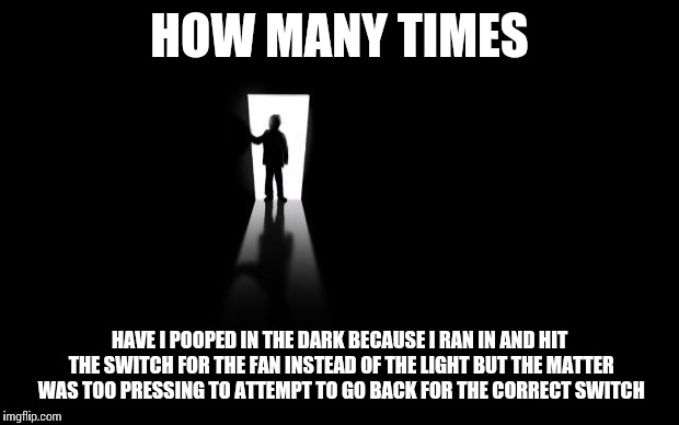 Dark Room |  HOW MANY TIMES; HAVE I POOPED IN THE DARK BECAUSE I RAN IN AND HIT THE SWITCH FOR THE FAN INSTEAD OF THE LIGHT BUT THE MATTER WAS TOO PRESSING TO ATTEMPT TO GO BACK FOR THE CORRECT SWITCH | image tagged in dark room | made w/ Imgflip meme maker