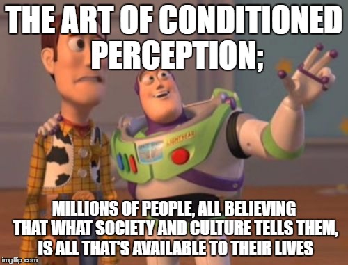 X, X Everywhere | THE ART OF CONDITIONED PERCEPTION;; MILLIONS OF PEOPLE, ALL BELIEVING THAT WHAT SOCIETY AND CULTURE TELLS THEM, IS ALL THAT'S AVAILABLE TO THEIR LIVES | image tagged in memes,x x everywhere | made w/ Imgflip meme maker