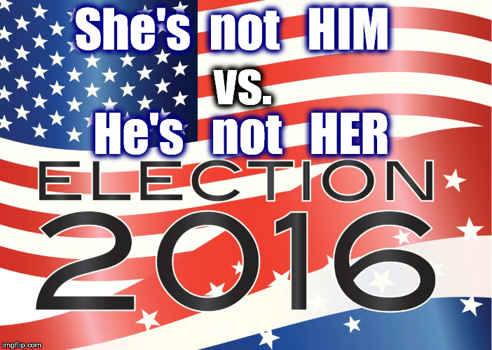 Vote 2016 | She's  not   HIM; vs. He's   not   HER | image tagged in trump 2016,hillary clinton 2016,vote | made w/ Imgflip meme maker