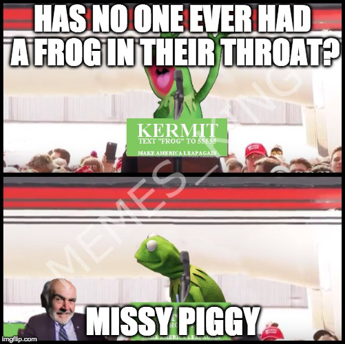 Oh, No He Didn't ...  | HAS NO ONE EVER HAD A FROG IN THEIR THROAT? MISSY PIGGY | image tagged in kermit will make america,miss piggy,2016 election,funny memes,kermit the frog | made w/ Imgflip meme maker