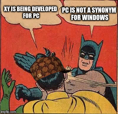 Batman Slapping Robin Meme | PC IS NOT A SYNONYM FOR WINDOWS; XY IS BEING DEVELOPED FOR PC | image tagged in memes,batman slapping robin,scumbag | made w/ Imgflip meme maker