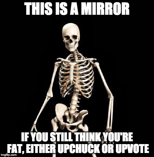 Ok, Here's The Skinny--  | THIS IS A MIRROR; IF YOU STILL THINK YOU'RE FAT, EITHER UPCHUCK OR UPVOTE | image tagged in funny memes,skeleton,dieting | made w/ Imgflip meme maker