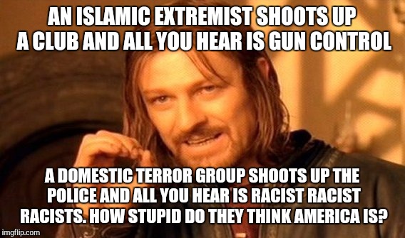 One Does Not Simply | AN ISLAMIC EXTREMIST SHOOTS UP A CLUB AND ALL YOU HEAR IS GUN CONTROL; A DOMESTIC TERROR GROUP SHOOTS UP THE POLICE AND ALL YOU HEAR IS RACIST RACIST RACISTS. HOW STUPID DO THEY THINK AMERICA IS? | image tagged in memes,one does not simply | made w/ Imgflip meme maker