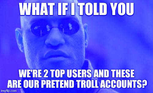 Matrix Morpheus Meme | WHAT IF I TOLD YOU WE'RE 2 TOP USERS AND THESE ARE OUR PRETEND TROLL ACCOUNTS? | image tagged in memes,matrix morpheus | made w/ Imgflip meme maker