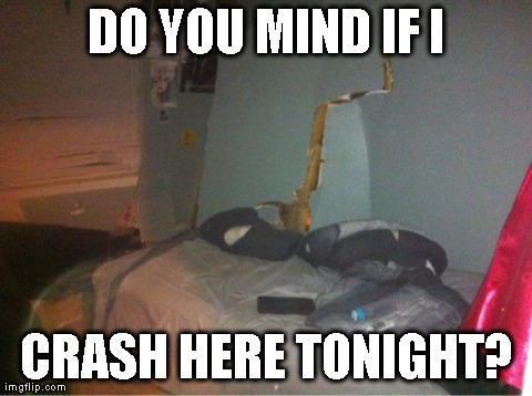 DO YOU MIND IF I CRASH HERE TONIGHT? | image tagged in crash | made w/ Imgflip meme maker