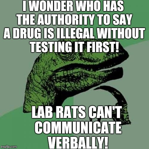 Philosoraptor Meme | I WONDER WHO HAS THE AUTHORITY TO SAY A DRUG IS ILLEGAL WITHOUT TESTING IT FIRST! LAB RATS CAN'T COMMUNICATE VERBALLY! | image tagged in memes,philosoraptor | made w/ Imgflip meme maker