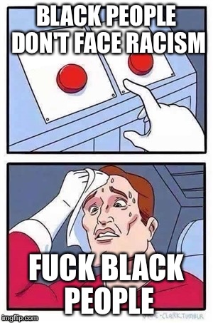 Two Buttons Meme | BLACK PEOPLE DON'T FACE RACISM; FUCK BLACK PEOPLE | image tagged in two buttons | made w/ Imgflip meme maker