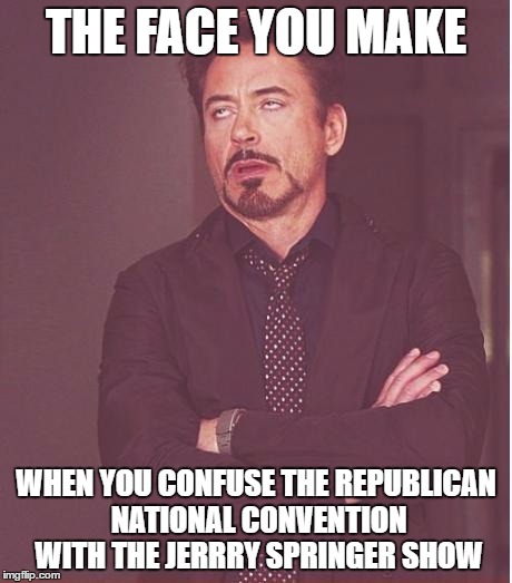 Face You Make Robert Downey Jr Meme | THE FACE YOU MAKE; WHEN YOU CONFUSE THE REPUBLICAN NATIONAL CONVENTION WITH THE JERRRY SPRINGER SHOW | image tagged in memes,face you make robert downey jr | made w/ Imgflip meme maker