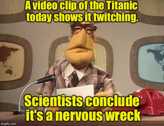 Puny News | A video clip of the Titanic today shows it twitching. Scientists conclude it's a nervous wreck | image tagged in muppet news | made w/ Imgflip meme maker