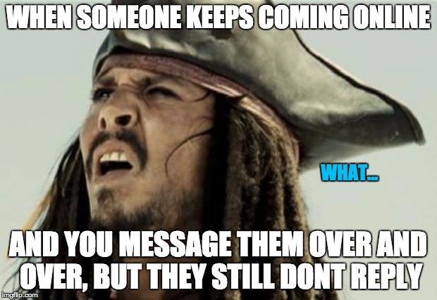 Maybe they're just busy... yeah... just busy... :'( | WHEN SOMEONE KEEPS COMING ONLINE; WHAT... AND YOU MESSAGE THEM OVER AND OVER, BUT THEY STILL DONT REPLY | image tagged in confused dafuq jack sparrow what,loner,memes,ignore,lol,wtf | made w/ Imgflip meme maker
