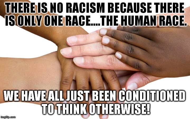 THERE IS NO RACISM BECAUSE THERE IS ONLY ONE RACE....THE HUMAN RACE. WE HAVE ALL JUST BEEN CONDITIONED TO THINK OTHERWISE! | image tagged in no racism,racism,not racist | made w/ Imgflip meme maker