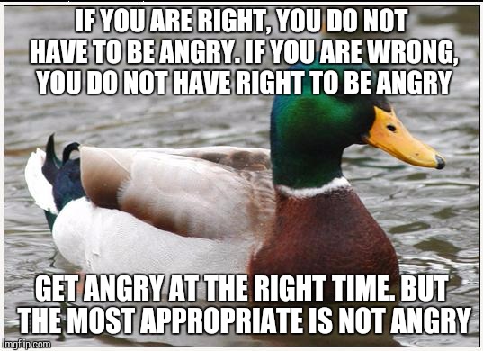 Actual Advice Mallard Meme | IF YOU ARE RIGHT, YOU DO NOT HAVE TO BE ANGRY. IF YOU ARE WRONG, YOU DO NOT HAVE RIGHT TO BE ANGRY; GET ANGRY AT THE RIGHT TIME. BUT THE MOST APPROPRIATE IS NOT ANGRY | image tagged in memes,actual advice mallard | made w/ Imgflip meme maker