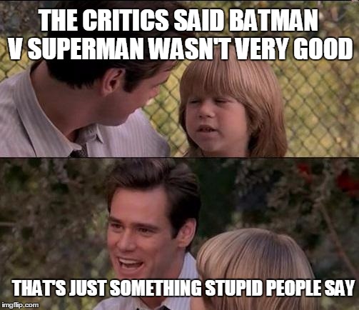 That's Just Something X Say | THE CRITICS SAID BATMAN V SUPERMAN WASN'T VERY GOOD; THAT'S JUST SOMETHING STUPID PEOPLE SAY | image tagged in memes,thats just something x say | made w/ Imgflip meme maker