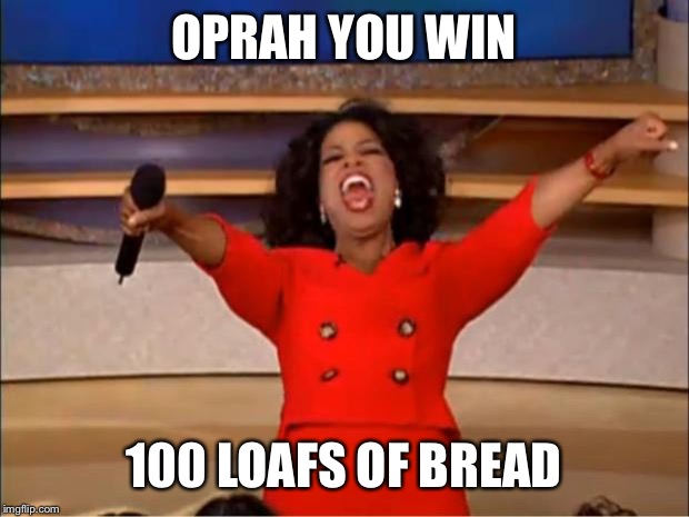 Oprah You Get A Meme | OPRAH YOU WIN; 100 LOAFS OF BREAD | image tagged in memes,oprah you get a | made w/ Imgflip meme maker