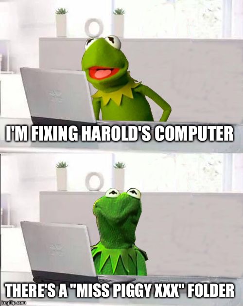 Hide The Pain Kermit | I'M FIXING HAROLD'S COMPUTER THERE'S A "MISS PIGGY XXX" FOLDER | image tagged in hide the pain kermit | made w/ Imgflip meme maker