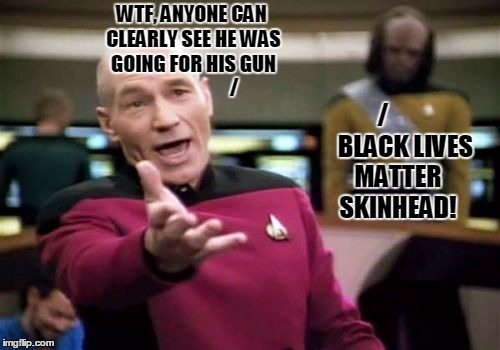 Still debating a thousand years from now... | WTF, ANYONE CAN CLEARLY SEE HE WAS GOING FOR HIS GUN                     
/; /       

BLACK LIVES MATTER SKINHEAD! | image tagged in memes,picard wtf,black lives matter,racism,debate,police brutality | made w/ Imgflip meme maker