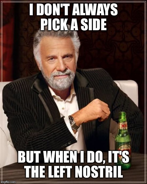 The Most Interesting Man In The World Meme | I DON'T ALWAYS PICK A SIDE BUT WHEN I DO, IT'S THE LEFT NOSTRIL | image tagged in memes,the most interesting man in the world | made w/ Imgflip meme maker