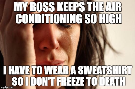 You'd think it's a nice problem to have, but it's also very uncomfortable | MY BOSS KEEPS THE AIR CONDITIONING SO HIGH; I HAVE TO WEAR A SWEATSHIRT SO I DON'T FREEZE TO DEATH | image tagged in memes,first world problems | made w/ Imgflip meme maker