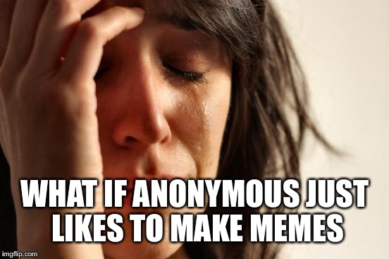 First World Problems Meme | WHAT IF ANONYMOUS JUST LIKES TO MAKE MEMES | image tagged in memes,first world problems | made w/ Imgflip meme maker