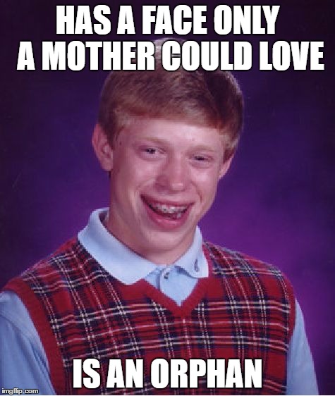 Bad Luck Brian | HAS A FACE ONLY A MOTHER COULD LOVE; IS AN ORPHAN | image tagged in memes,bad luck brian | made w/ Imgflip meme maker