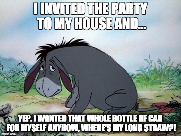 eeyore | I INVITED THE PARTY TO MY HOUSE AND... YEP. I WANTED THAT WHOLE BOTTLE OF CAB FOR MYSELF ANYHOW, WHERE'S MY LONG STRAW?! | image tagged in eeyore | made w/ Imgflip meme maker