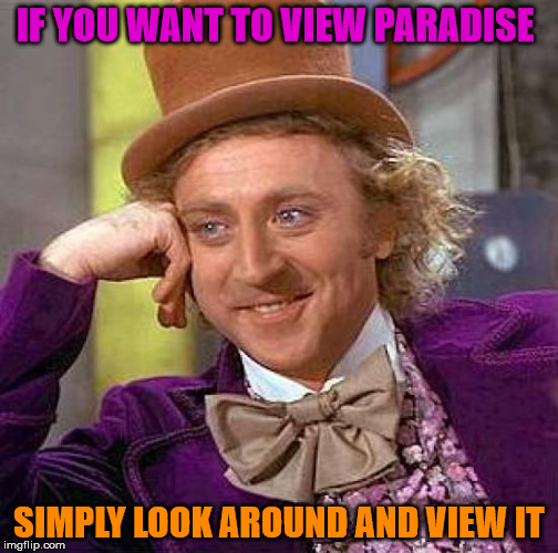 Creepy Condescending Wonka Meme | IF YOU WANT TO VIEW PARADISE SIMPLY LOOK AROUND AND VIEW IT | image tagged in memes,creepy condescending wonka | made w/ Imgflip meme maker