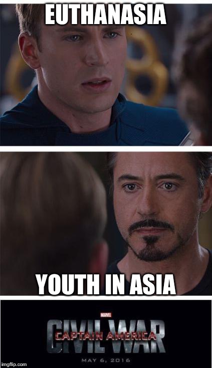 Cap sees what you did there, Tony | EUTHANASIA; YOUTH IN ASIA | image tagged in memes,marvel civil war 1 | made w/ Imgflip meme maker