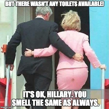 Hillary's mistake | BUT THERE WASN'T ANY TOILETS AVAILABLE! IT'S OK, HILLARY. YOU SMELL THE SAME AS ALWAYS. | image tagged in pooper | made w/ Imgflip meme maker