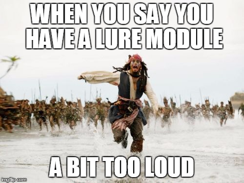 Jack Sparrow Being Chased | WHEN YOU SAY YOU HAVE A LURE MODULE; A BIT TOO LOUD | image tagged in memes,jack sparrow being chased | made w/ Imgflip meme maker