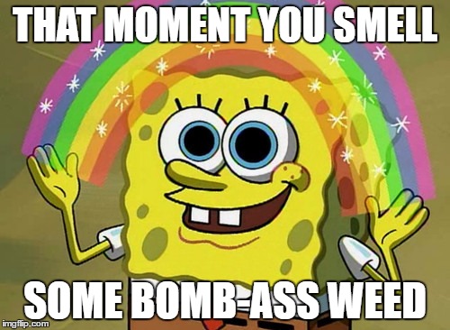 MMMMMMM... Weed!
 | THAT MOMENT YOU SMELL; SOME BOMB-ASS WEED | image tagged in memes,imagination spongebob,weed,lol | made w/ Imgflip meme maker